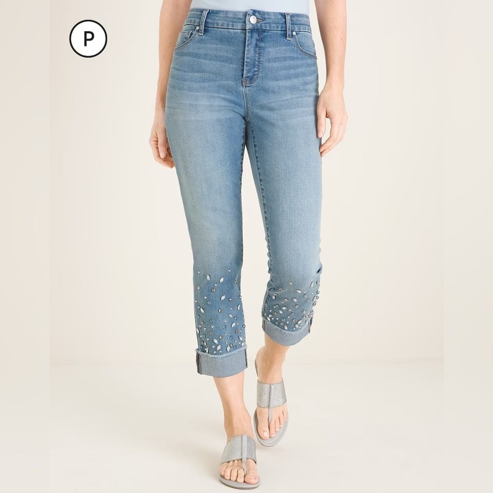 CHICOS | So Slimming Petite Simulated Stone-Hem Girlfriend Bedazzled Jean Crops
